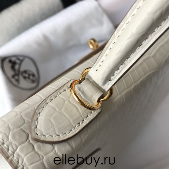 Hermes Hermès Kelly 25 Crocodile Skin Pattern Gold Hardware White Hand-Stitched