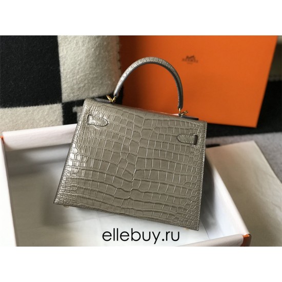 Hermes Hermès Kelly 25 Crocodile Skin Pattern Gold Hardware Grey Hand-Stitched