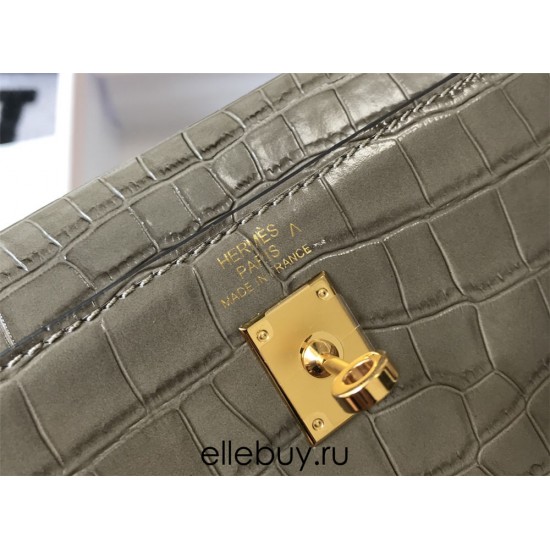 Hermes Hermès Kelly 25 Crocodile Skin Pattern Gold Hardware Grey Hand-Stitched