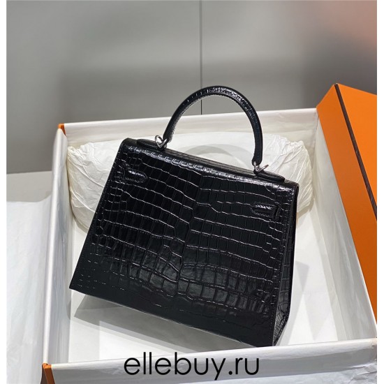 Hermes Hermès Kelly 25 Crocodile Skin Pattern Silver Hardware Black Hand-Stitched