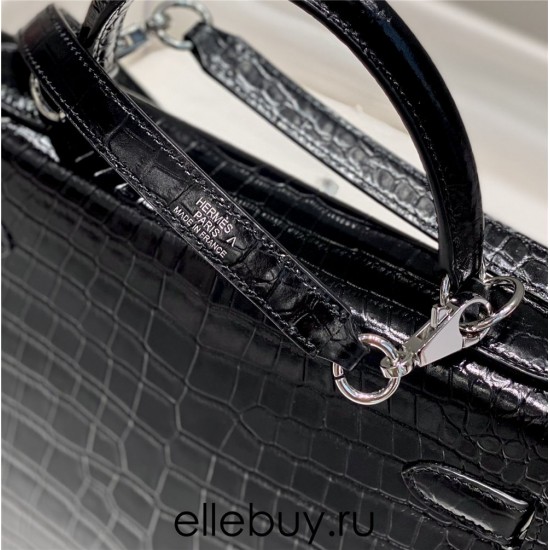 Hermes Hermès Kelly 25 Crocodile Skin Pattern Silver Hardware Black Hand-Stitched