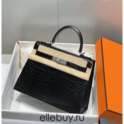 Hermes Hermès Kelly 28 Crocodile Skin Pattern Silver Hardware Black Hand-Stitched