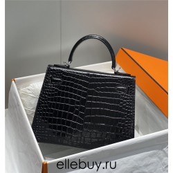 Hermes Hermès Kelly 28 Crocodile Skin Pattern Silver Hardware Black Hand-Stitched