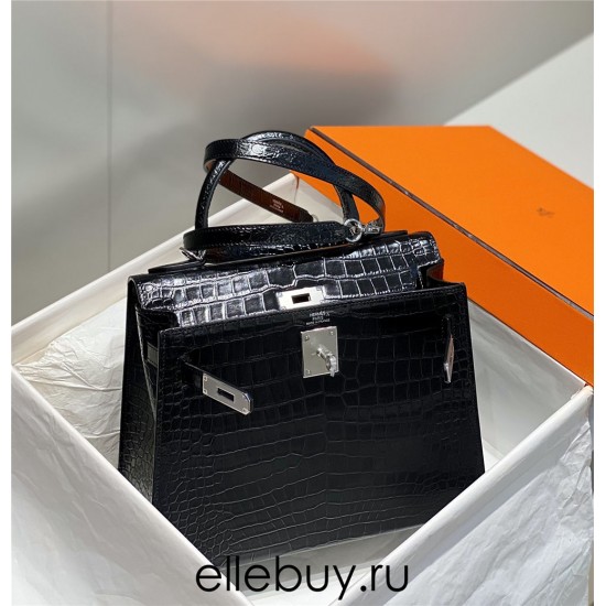 Hermes Hermès Kelly 28 Crocodile Skin Pattern Silver Hardware Black Hand-Stitched