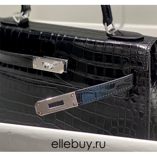 Hermes Hermès Kelly 28 Crocodile Skin Pattern Silver Hardware Black Hand-Stitched