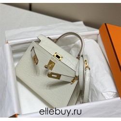 Hermes Hermès Mini Kelly 2 19 Crocodile Skin Pattern White Gold Hardware Hand-Stitched