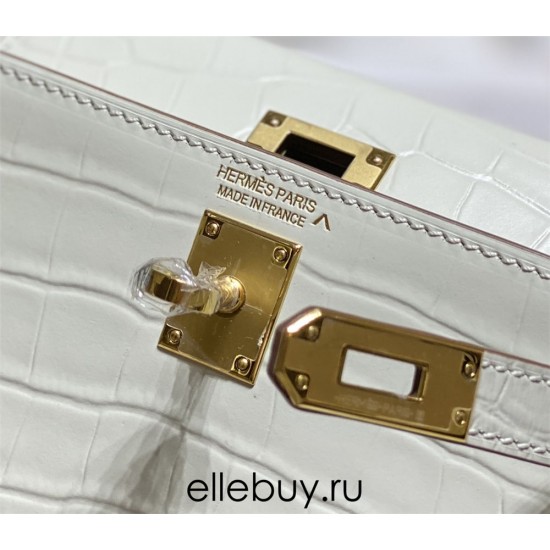 Hermes Hermès Mini Kelly 2 19 Crocodile Skin Pattern White Gold Hardware Hand-Stitched