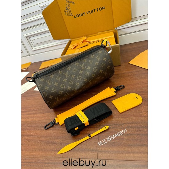 Louis Vuitton Soft Polochon Handbag (M46691): Monogram Eclipse Black, Monogram Macassar Canvas, Bright Leather, Size - 33x17x17 cm (Length x Height x Width)