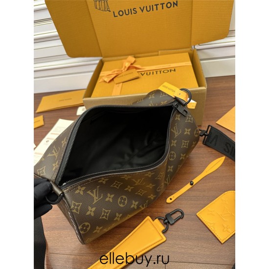 Louis Vuitton Soft Polochon Handbag (M46691): Monogram Eclipse Black, Monogram Macassar Canvas, Bright Leather, Size - 33x17x17 cm (Length x Height x Width)