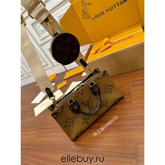 Louis Vuitton ONTHEGO EAST WEST Handbag (M46653): Giant Monogram and Monogram Reverse Canvas, Toron Handles, Size - 25x13x10cm