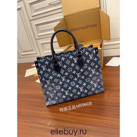 Louis Vuitton ONTHEGO Medium Handbag (M59608) Onthego Monogram Embossed Denim: Size - 31x24x14cm