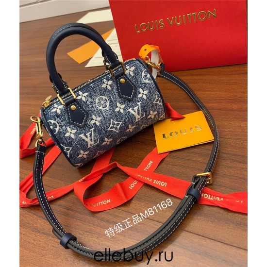 Louis Vuitton NANO SPEEDY Handbag (M81168) Blue Monogram Embossed Denim: Size - 16x10x7.5cm