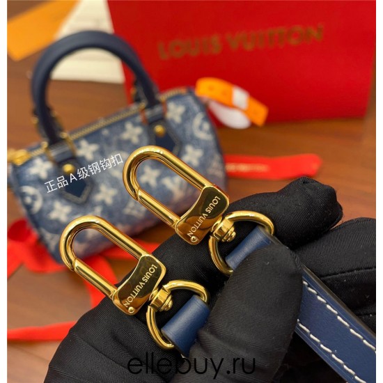 Louis Vuitton NANO SPEEDY Handbag (M81168) Blue Monogram Embossed Denim: Size - 16x10x7.5cm