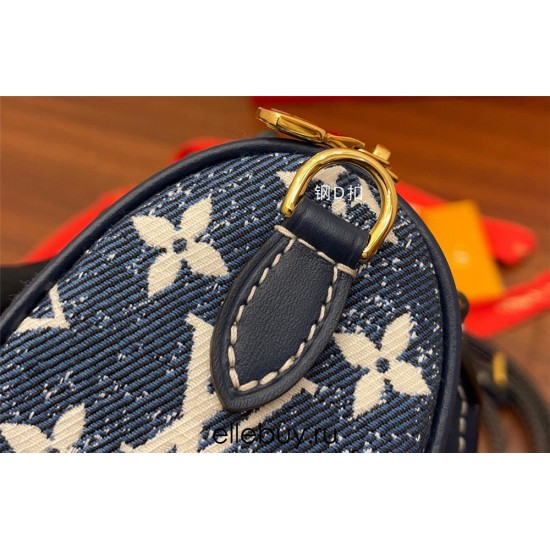 Louis Vuitton NANO SPEEDY Handbag (M81168) Blue Monogram Embossed Denim: Size - 16x10x7.5cm