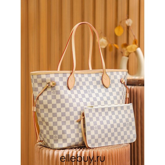 Louis Vuitton N41361 Checkered/Beige NEVERFULL Medium Handbag Damier Azur: Size - 32x28.5x17cm