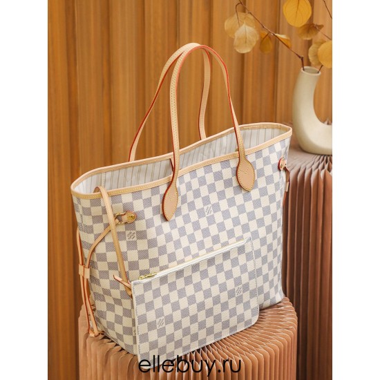 Louis Vuitton N41361 Checkered/Beige NEVERFULL Medium Handbag Damier Azur: Size - 32x28.5x17cm