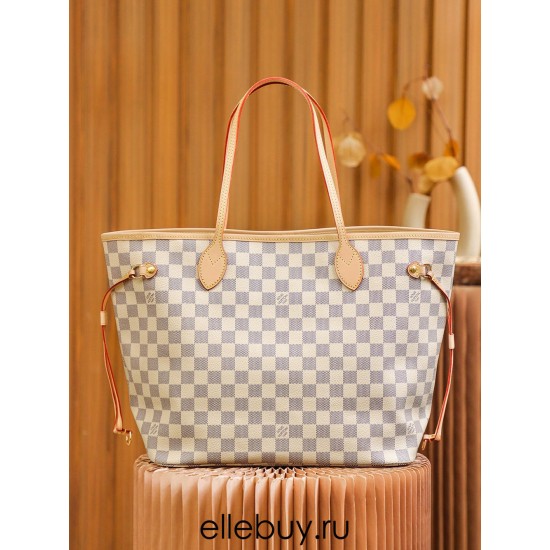 Louis Vuitton N41361 Checkered/Beige NEVERFULL Medium Handbag Damier Azur: Size - 32x28.5x17cm