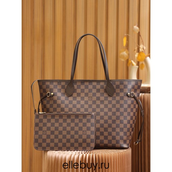 Louis Vuitton N41358 Checkered/Red NEVERFULL Medium Handbag Damier Ebène: Size - 32x28.5x17cm