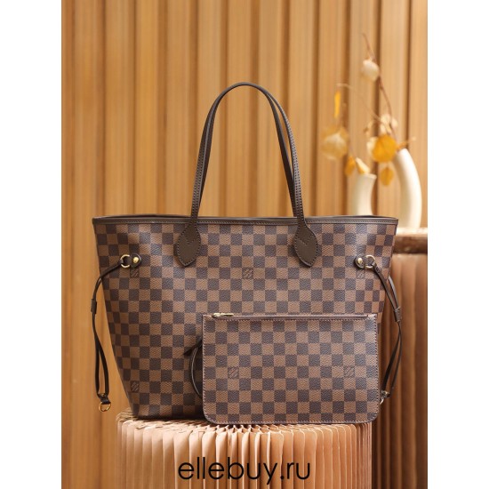 Louis Vuitton N41358 Checkered/Red NEVERFULL Medium Handbag Damier Ebène: Size - 32x28.5x17cm