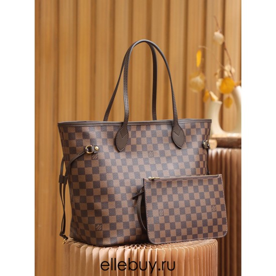 Louis Vuitton N41358 Checkered/Red NEVERFULL Medium Handbag Damier Ebène: Size - 32x28.5x17cm