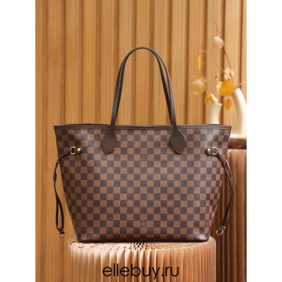 Louis Vuitton N41358 Checkered/Red NEVERFULL Medium Handbag Damier Ebène: Size - 32x28.5x17cm