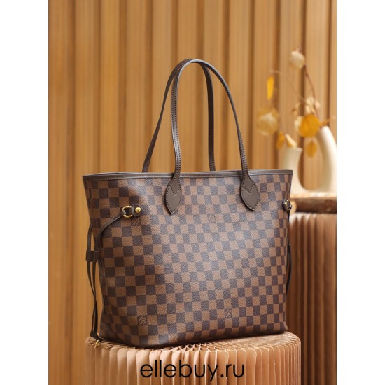 Louis Vuitton N41358 Checkered/Red NEVERFULL Medium Handbag Damier Ebène: Size - 32x28.5x17cm