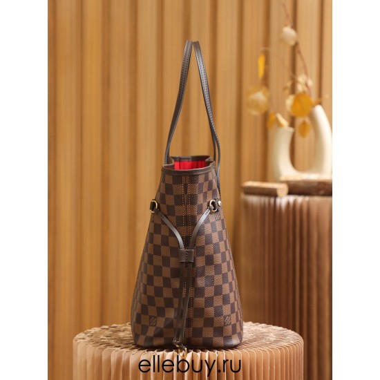 Louis Vuitton N41358 Checkered/Red NEVERFULL Medium Handbag Damier Ebène: Size - 32x28.5x17cm