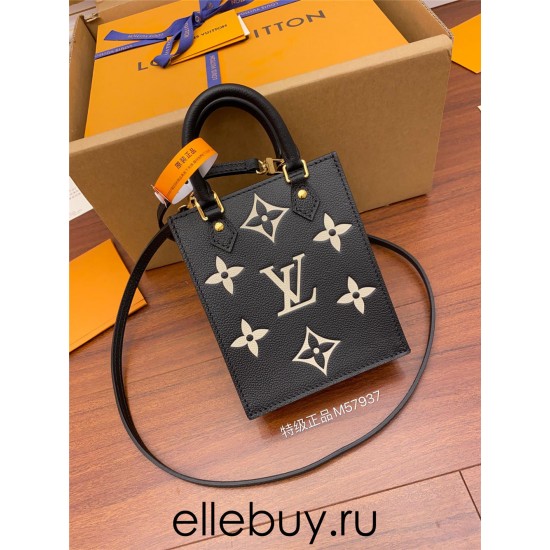 Louis Vuitton PETIT SAC PLAT Handbag (M57937) Black Monogram Empreinte Soft Grained Leather Size: 14x17x5cm