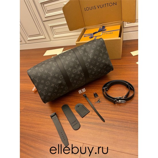 Louis Vuitton M40569 Brown Strap Keepall 45 Travel Bag Black and Gray Monogram Eclipse Black Canvas Size: 45.0x27.0x20.0 cm