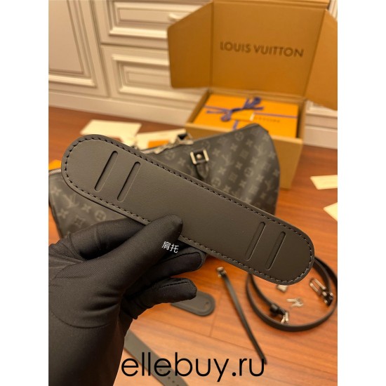 Louis Vuitton M40569 Brown Strap Keepall 45 Travel Bag Black and Gray Monogram Eclipse Black Canvas Size: 45.0x27.0x20.0 cm