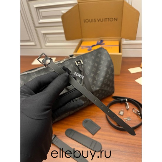 Louis Vuitton M40569 Brown Strap Keepall 45 Travel Bag Black and Gray Monogram Eclipse Black Canvas Size: 45.0x27.0x20.0 cm