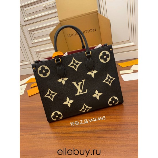 Louis Vuitton M45495 Black Print OnTheGo Medium Tote Bag Monogram pattern printed and embossed on soft grained leather, Size: 34.0x26.0x13.0cm