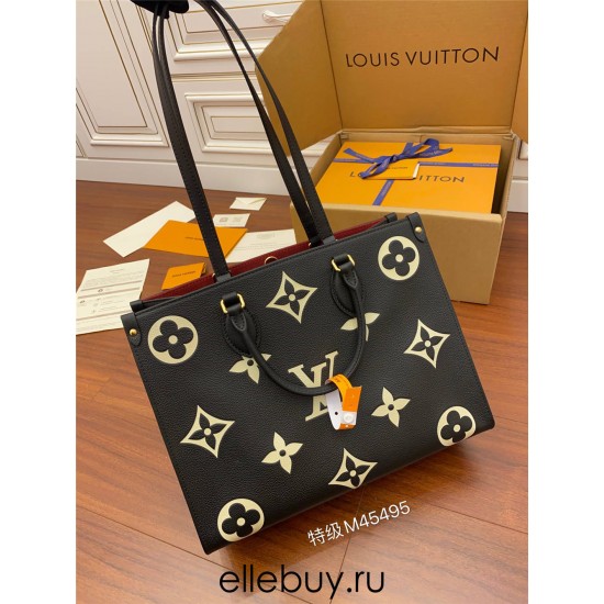 Louis Vuitton M45495 Black Print OnTheGo Medium Tote Bag Monogram pattern printed and embossed on soft grained leather, Size: 34.0x26.0x13.0cm