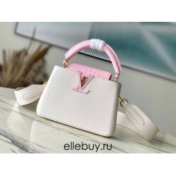 Louis Vuitton N83103 Milk White and Pink Ostrich Pattern Small Capucines Handbag Taurillon Leather, Size: 27x18x9cm