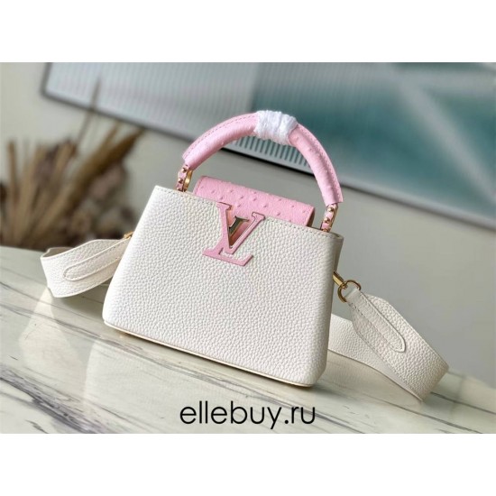 Louis Vuitton N83103 Milk White and Pink Ostrich Pattern Small Capucines Handbag Taurillon Leather, Size: 27x18x9cm