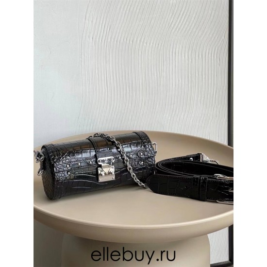 Louis Vuitton PAPILLON TRUNK Handbag (M57835) Black Crocodile Grain Nicolas Ghesquière S-lock Clasp, Size: 19x9x9cm