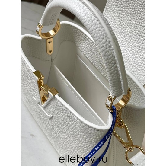 Louis Vuitton Capucines BB Handbag (M59433) White with Gold Clasp, Full-grain Calfskin, Size: 21x14x8 cm