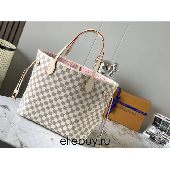 Louis Vuitton N41605 Check/Ballet Pink NEVERFULL Medium Handbag Damier Azur Canvas, Size: 32x28.5x17cm