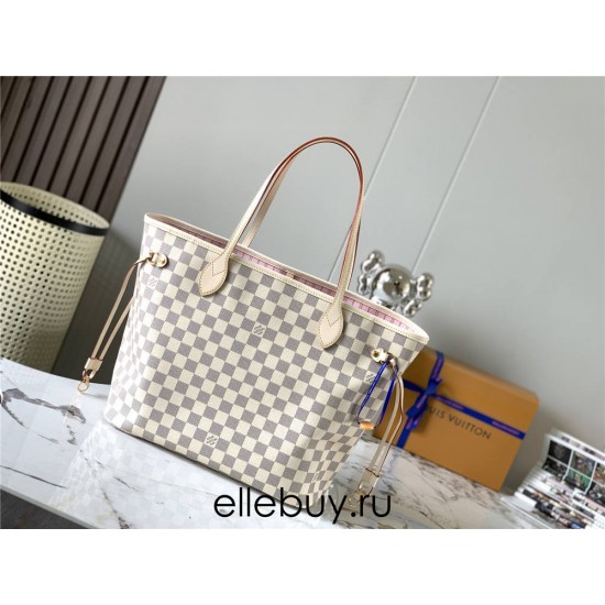 Louis Vuitton N41605 Check/Ballet Pink NEVERFULL Medium Handbag Damier Azur Canvas, Size: 32x28.5x17cm