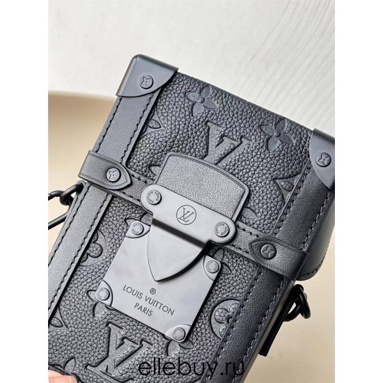 Louis Vuitton VERTICAL TRUNK Mini Handbag (M82070) Black Leather, Taurillon Embossed, Magnetic Flap, Size: 10.7x17.5x6.8cm