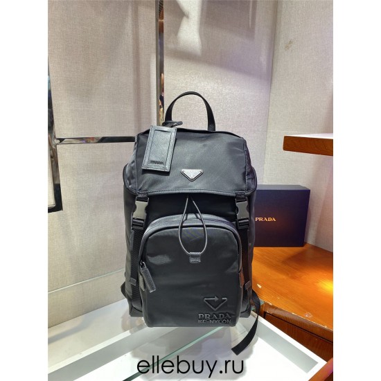 Navy Re-nylon And Saffiano Leather Backpack 2VZ135   Black  27x45x17cm