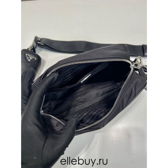 Black Re-nylon And Leather Shoulder Bag 1BH197A  22x12x7.5cm