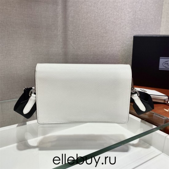 Saffiano Leather Mini Envelope Bag 1BP020A    White   Black shoulder belt  20x12x4cm