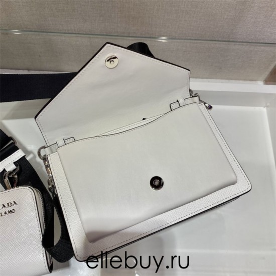 Saffiano Leather Mini Envelope Bag 1BP020A    White   Black shoulder belt  20x12x4cm