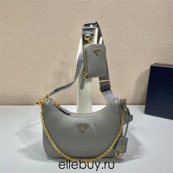 Prada Re-edition 2005 Re-nylon Bag Hobo  grey   three bag 1BH204  gold hardware ， Hobo  leather  23x17x6.5cm