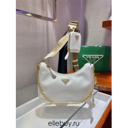 Prada Re-edition 2005 Re-nylon Bag Hobo  White   three bag 1BH204  gold hardware ，Hobo  leather  23x17x6.5cm