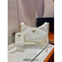 Prada Re-edition 2005 Re-nylon Bag Hobo  White   three bag 1BH204  gold hardware ，Hobo  leather  23x17x6.5cm