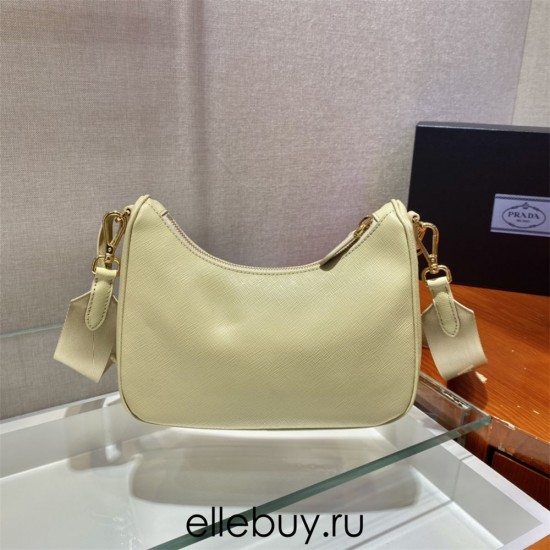 Prada Re-edition 2005 Re-nylon Bag Hobo  light yellow   three bag 1BH204  gold hardware ， Hobo  leather  23x17x6.5cm