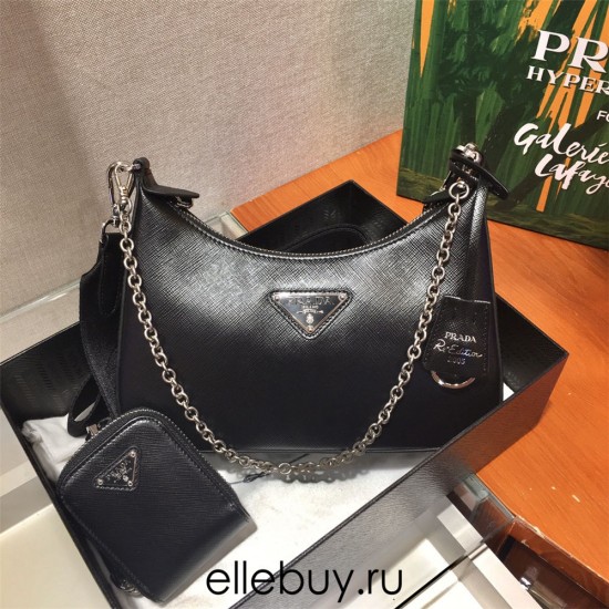 Prada Re-edition 2005 Re-nylon Bag Hobo  black   three bag 1BH204  gold hardware ， Hobo  leather  23x17x6.5cm