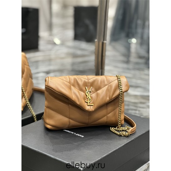 Yves Saint Laurent YSL Loulou Small 23 Puffer Sheepskin Bag Brown Gold Hardware Model: 620333 Size: 23×15.5×8.5cm